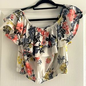 EUC Pink Owl off the shoulder cropped floral top.